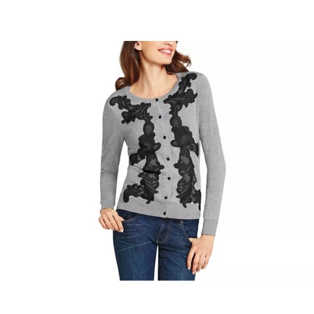 Cabi Cardigan with Black Lace Appliqué